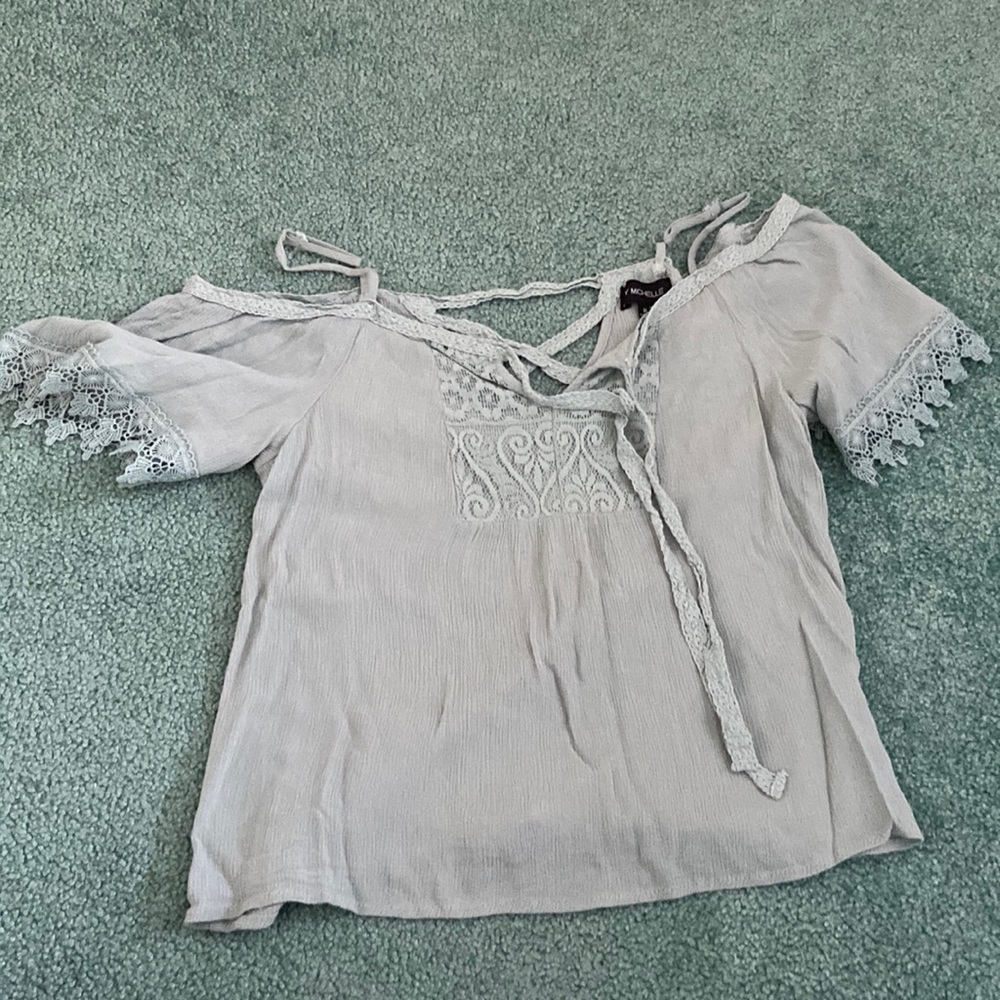 My Michelle Tops GreenOver The Shoulder Lace Top With Lace Design Sleeves
